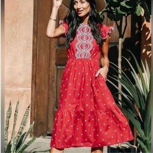 Bomhe Red Embroidered Midi Dress